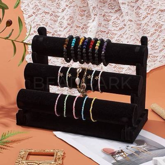 Velvet Bracelet Display, Removable 3 Tier T-bar Jewelry Display Stand, Black - Picture 3 of 7